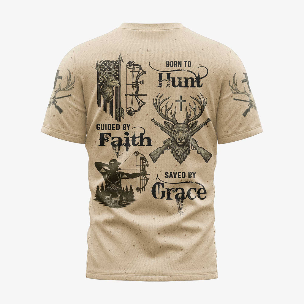 Born To Hunt Guided By Faith Saved By Grace Custom Name T-Shirt