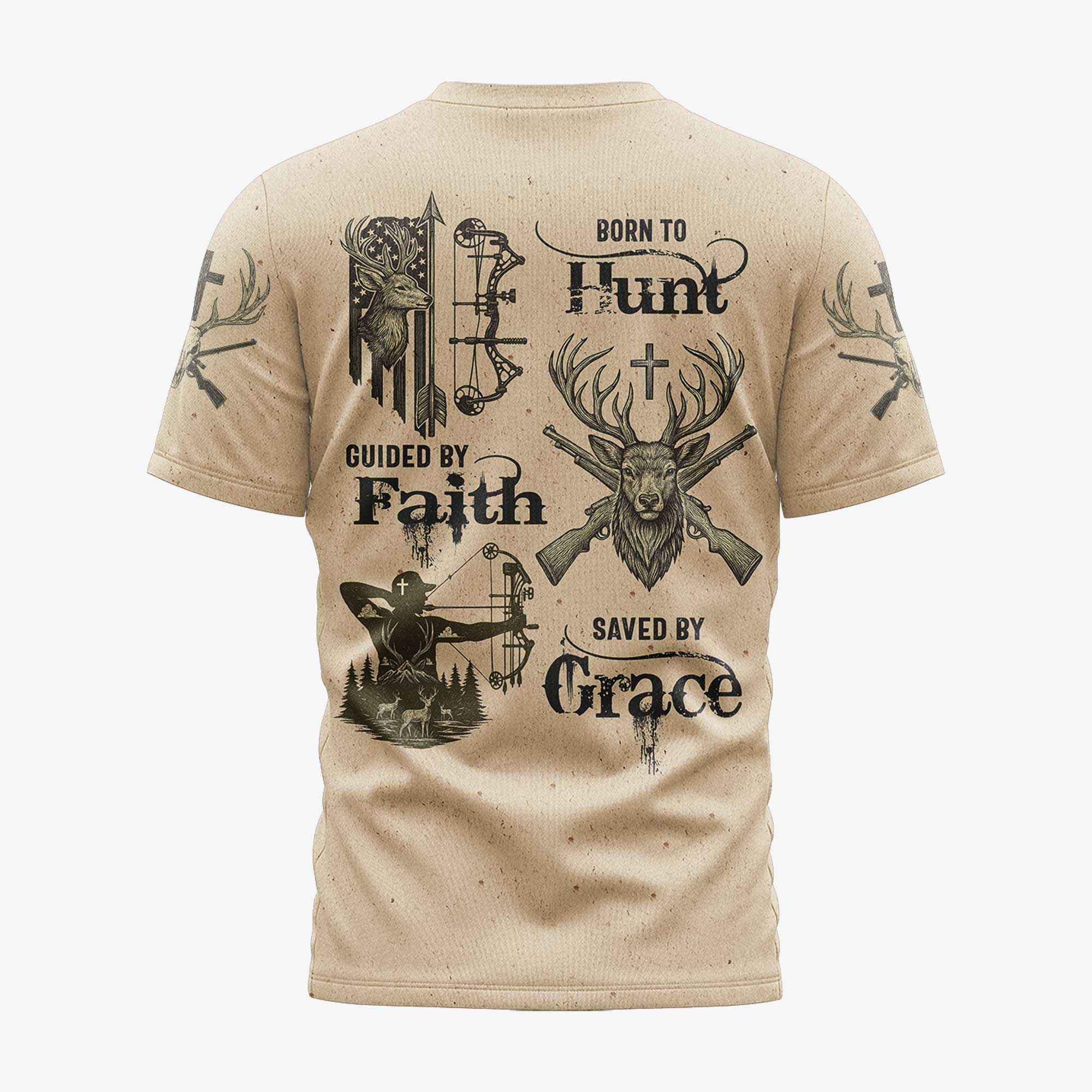 Born To Hunt Guided By Faith Saved By Grace Custom Name T-Shirt