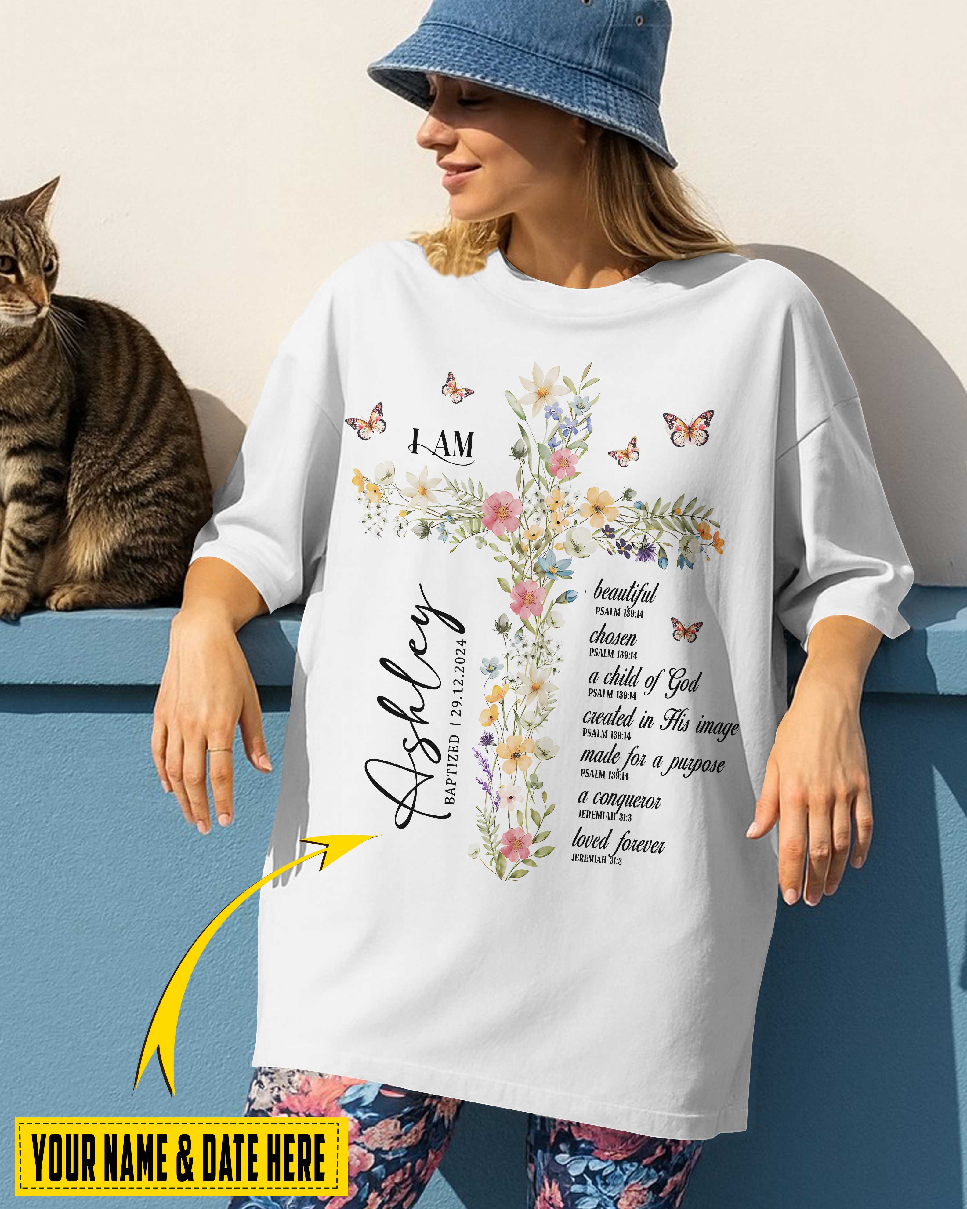 Personalized I Am T-Shirt, Baptism Gift for Women and Girl, Floral Christian Gift for Her