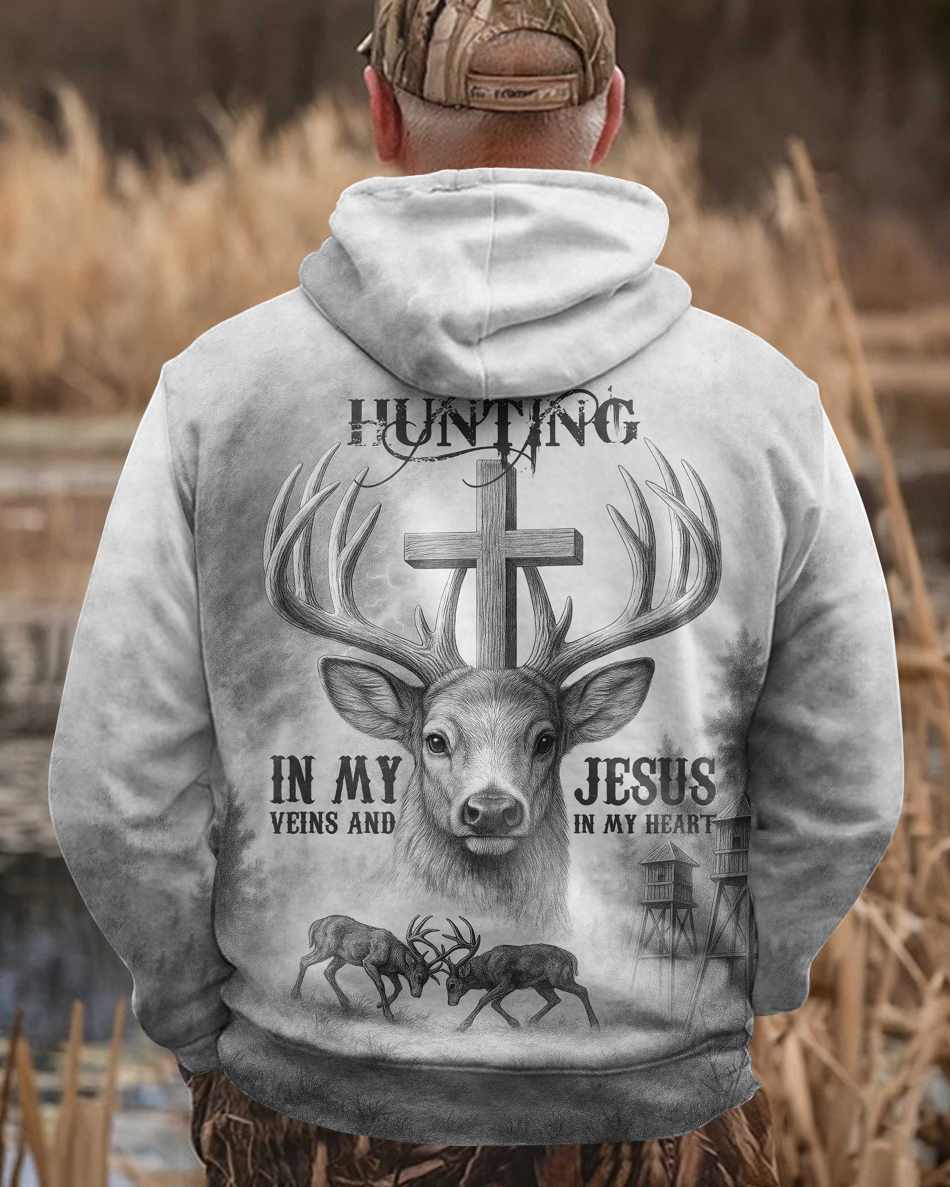 I've Got Hunting In My Veins And Jesus In My Heart All Over Print Grey T-Shirt