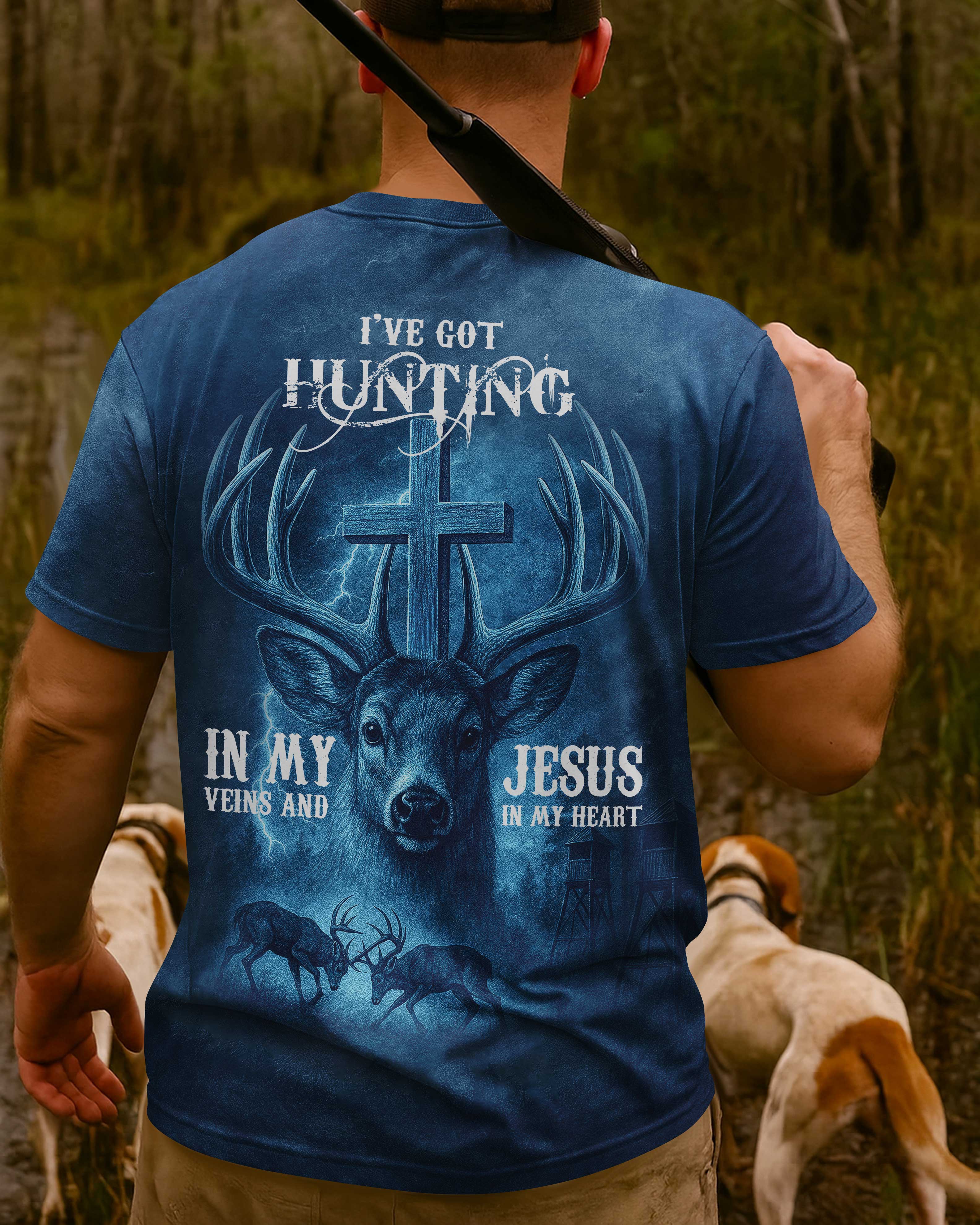 I've Got Hunting In My Veins And Jesus In My Heart Blue T-Shirt