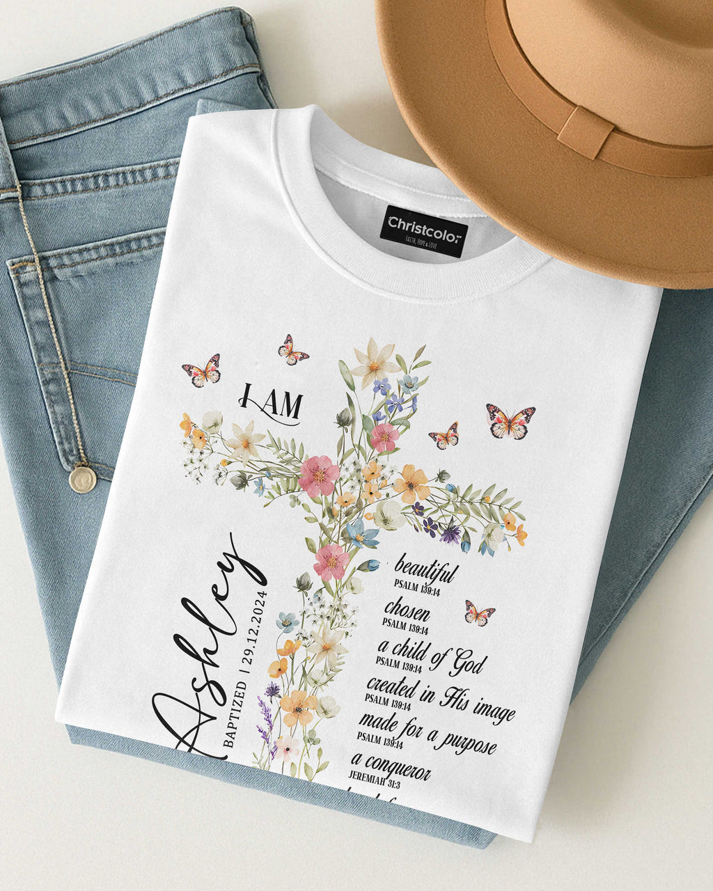 Personalized I Am T-Shirt, Baptism Gift for Women and Girl, Floral Christian Gift for Her