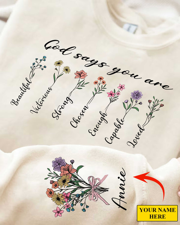 God Says You Are Sweatshirt, Custom Name Bible Verse, Floral Christian Gift, Personalized Bible Sweater
