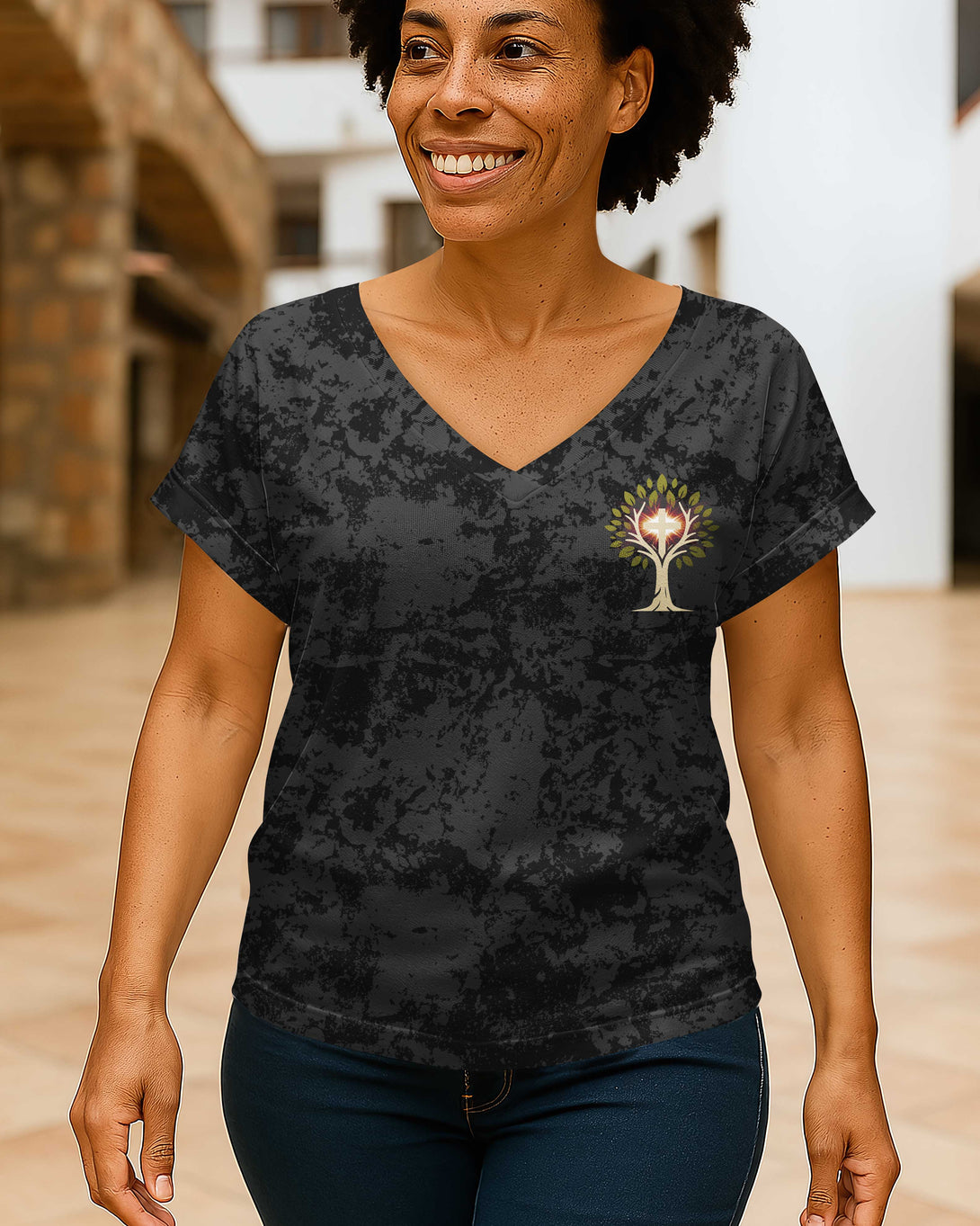 Rooted in Christ, Blooming as a Mom All Over Print V-Neck Dolman Sleeves Shirt