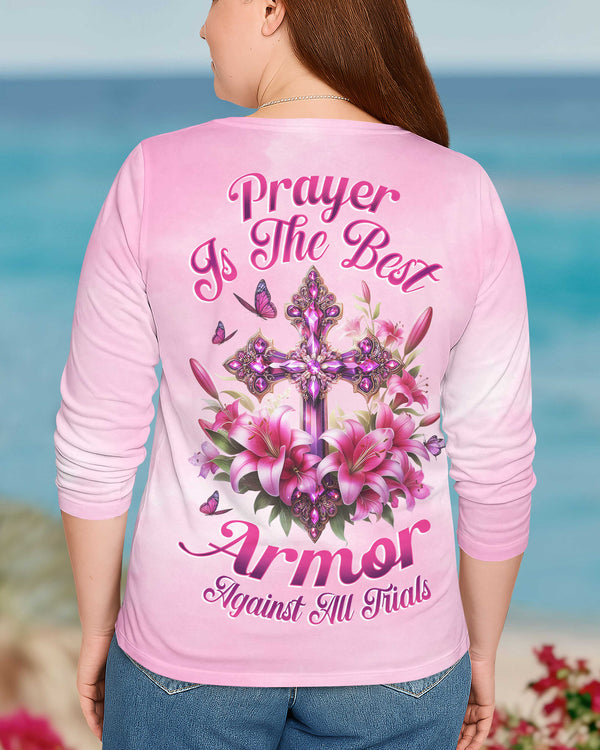 Prayer Is The Best Armor Against All Trials All Over Print V-neck Long Sleeves Shirt