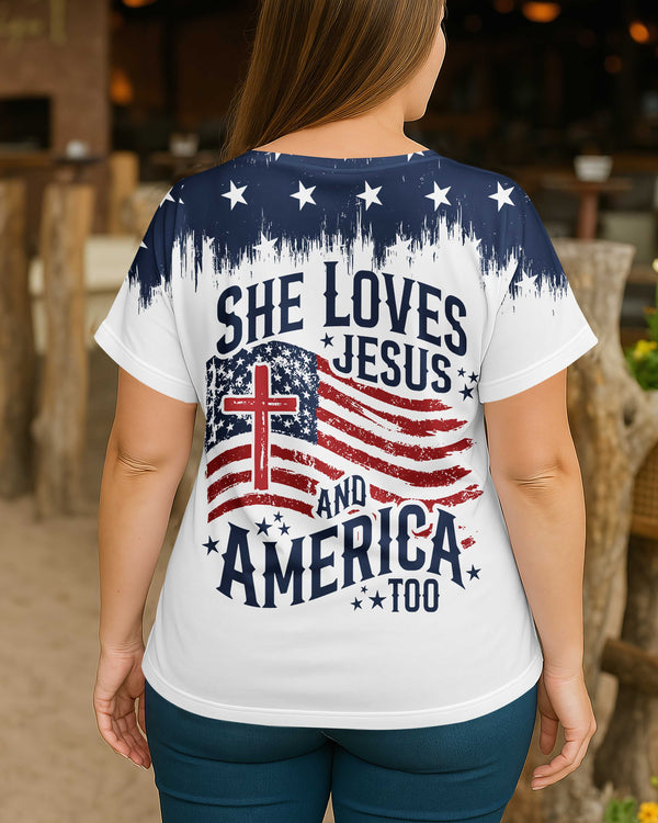She Loves Jesus And America Too All Over Print V-neck Dolman Sleeves Shirt