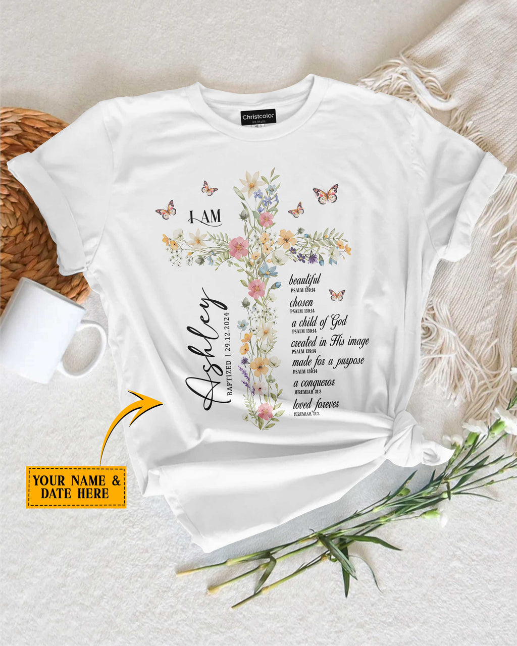 Personalized I Am T-Shirt, Baptism Gift for Women and Girl, Floral Christian Gift for Her