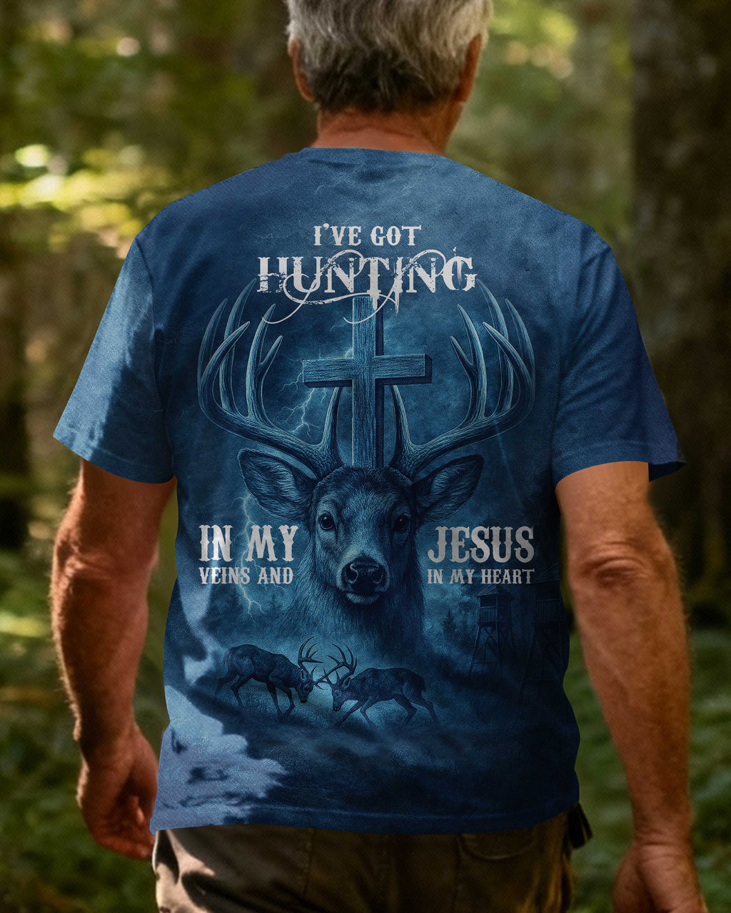 I've Got Hunting In My Veins And Jesus In My Heart Blue T-Shirt