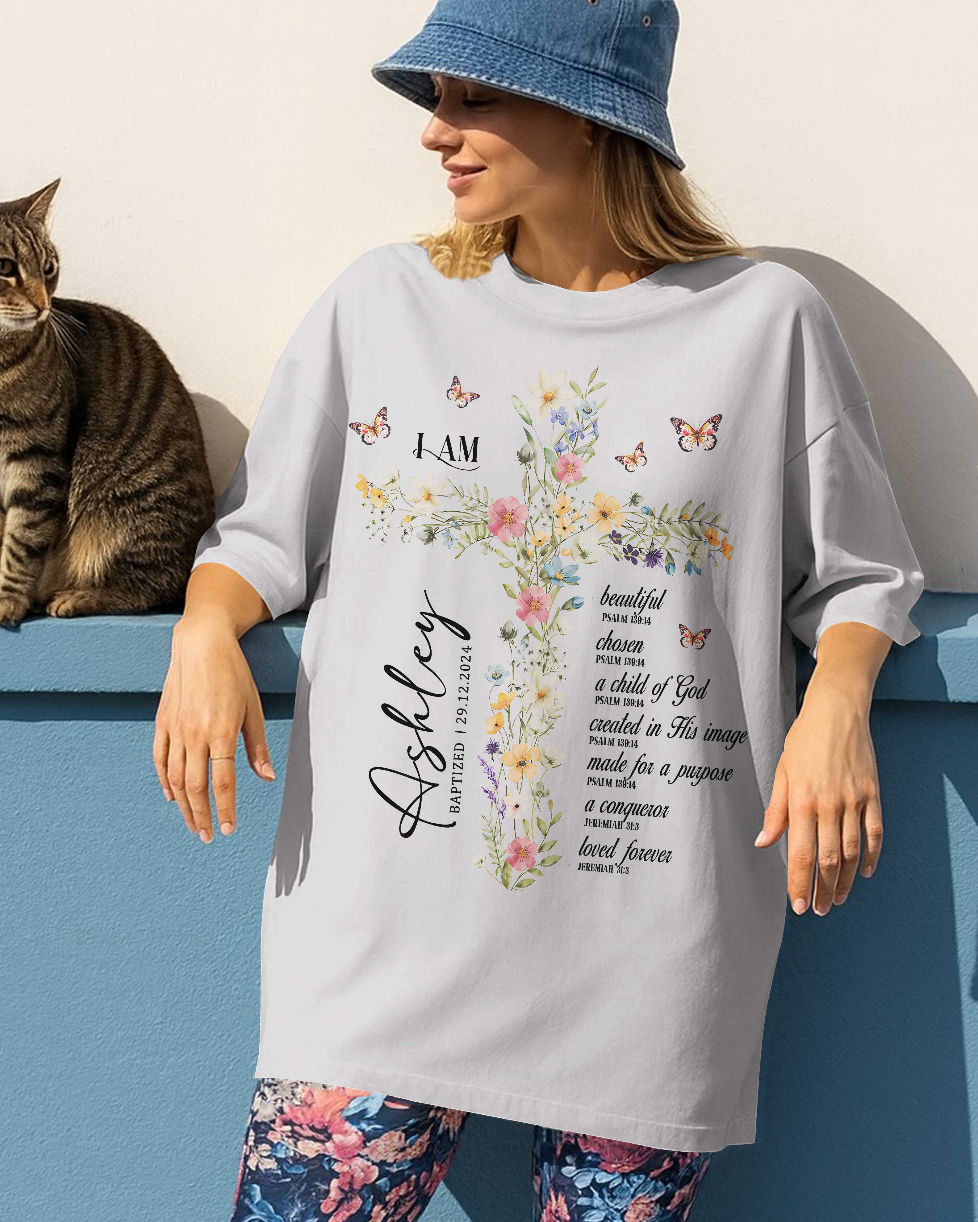 Personalized I Am T-Shirt, Baptism Gift for Women and Girl, Floral Christian Gift for Her