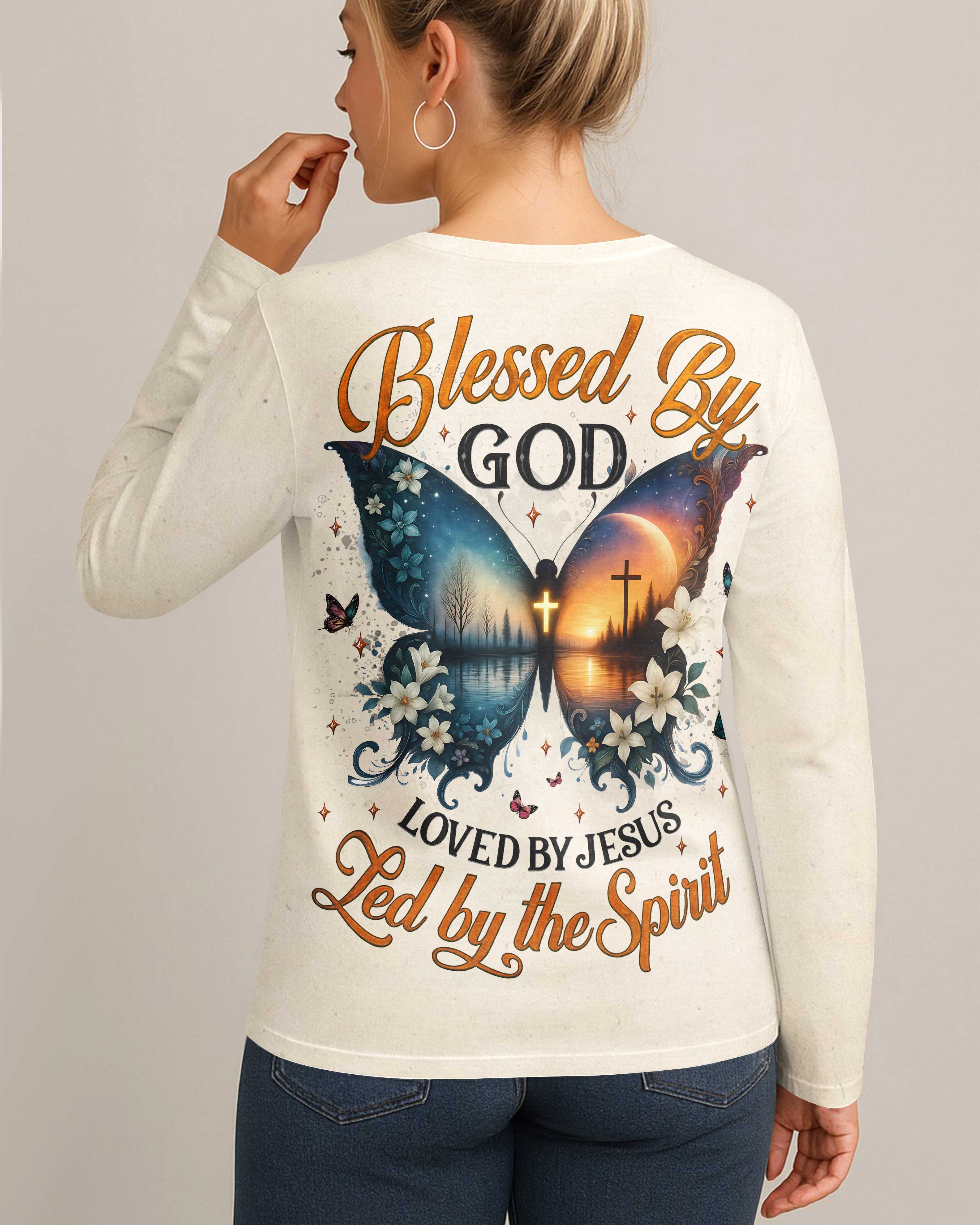 Blessed By God Loved By Jesus All Over Print V-neck Long Sleeves Shirt