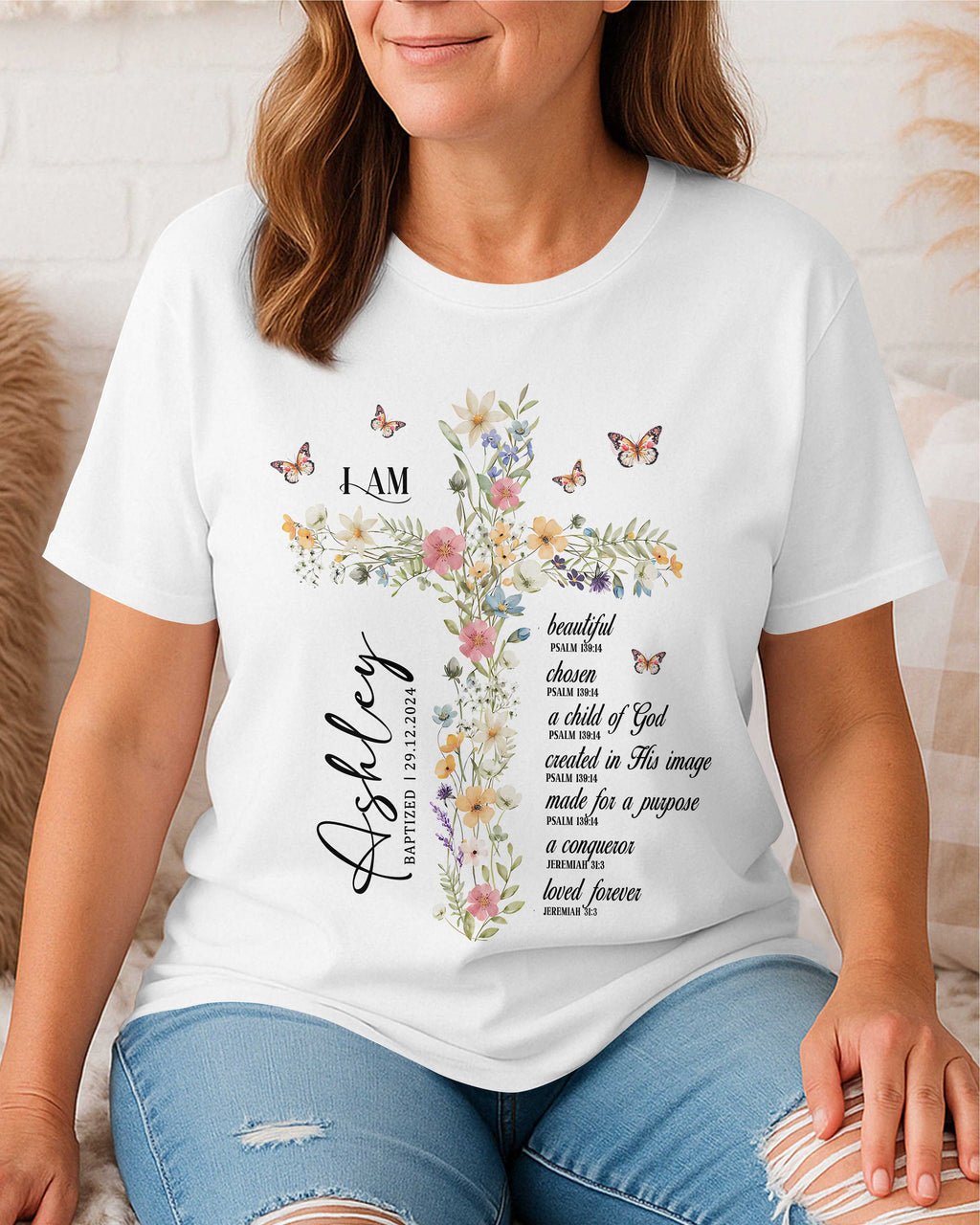 Personalized I Am T-Shirt, Baptism Gift for Women and Girl, Floral Christian Gift for Her