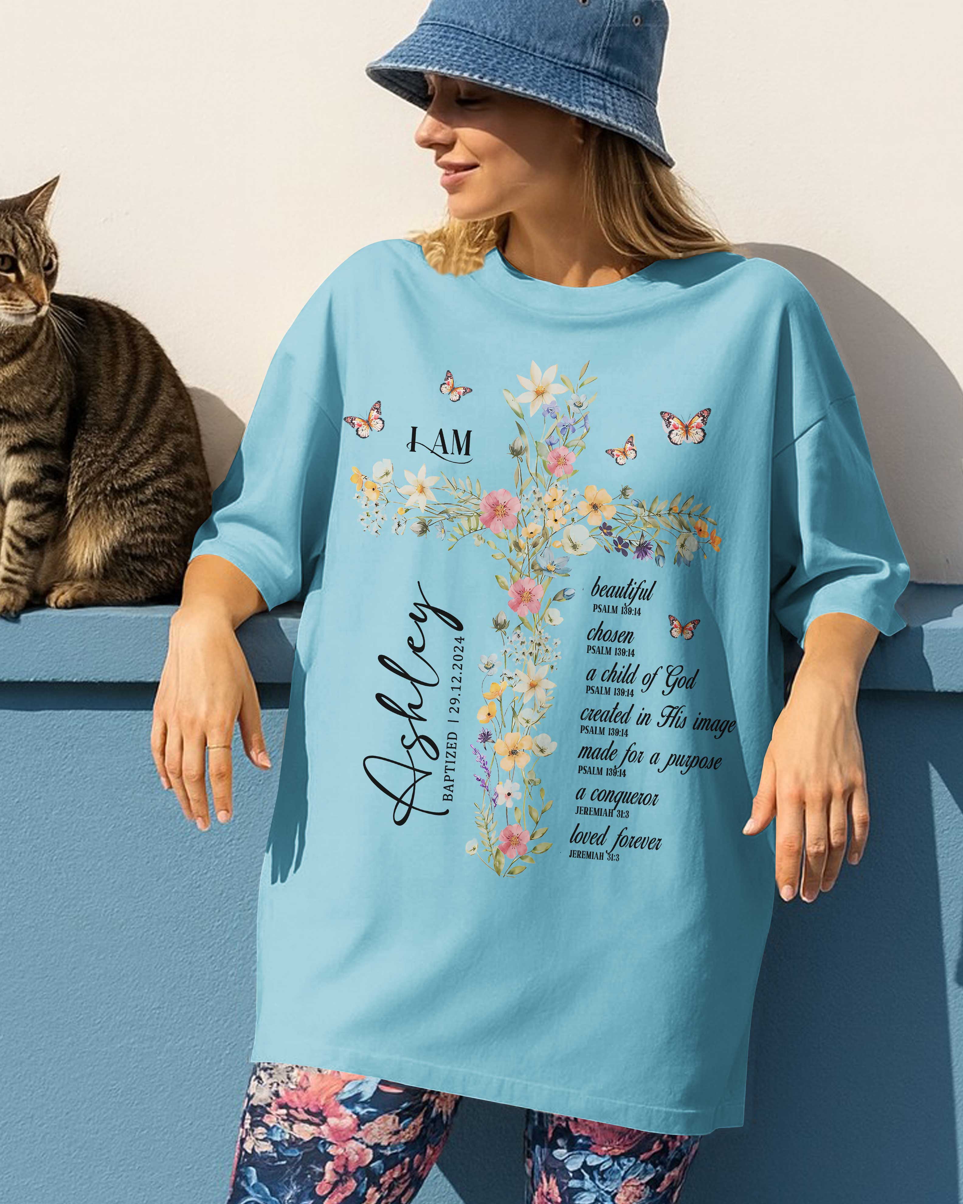 Personalized I Am T-Shirt, Baptism Gift for Women and Girl, Floral Christian Gift for Her