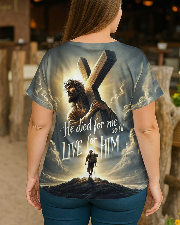 He Died For Me So I'll Live For Him All Over Print V-neck Dolman Sleeves Shirt
