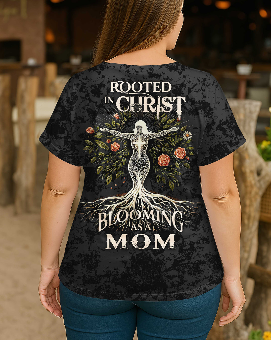 Rooted in Christ, Blooming as a Mom All Over Print V-Neck Dolman Sleeves Shirt