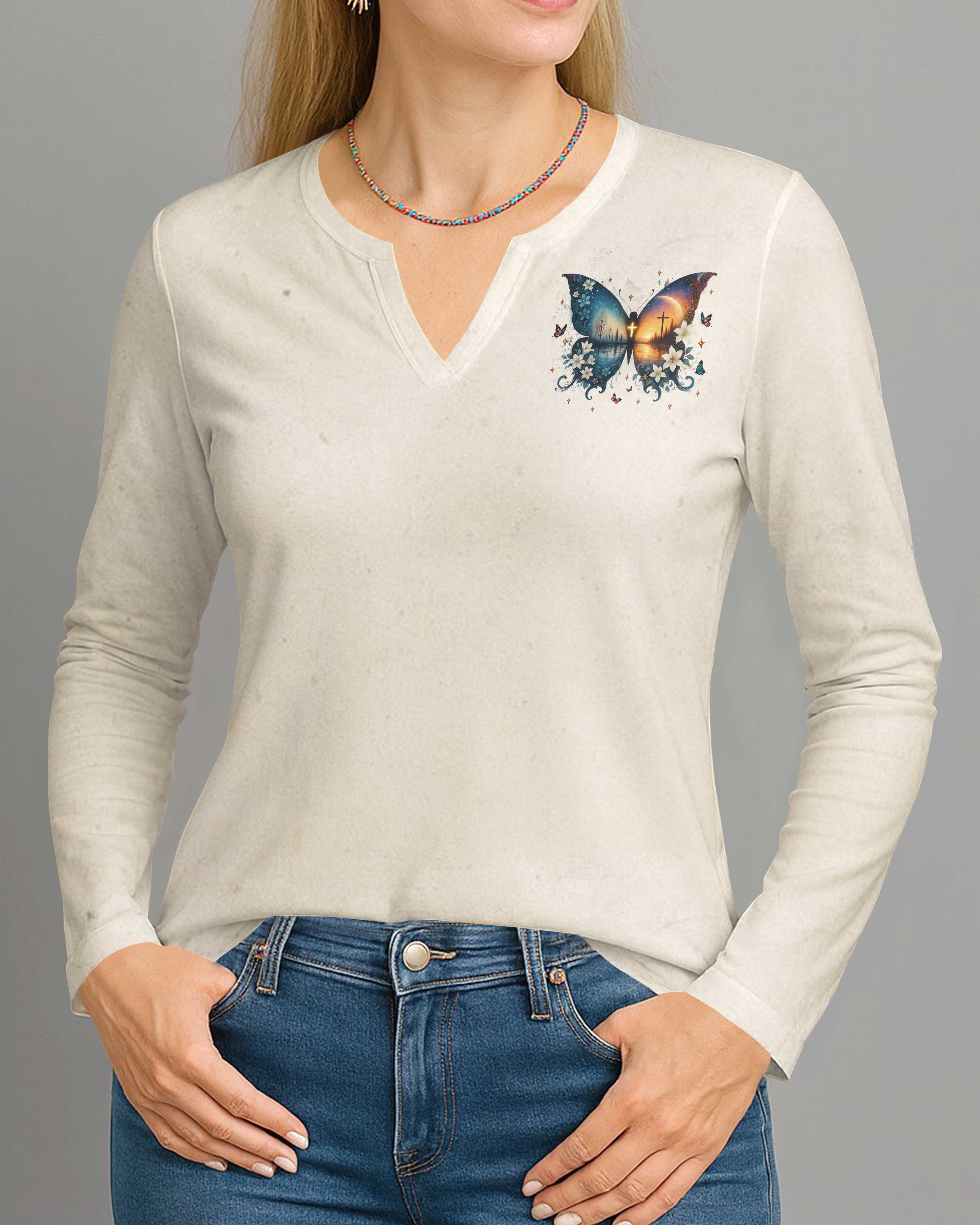 Blessed By God Loved By Jesus All Over Print V-neck Long Sleeves Shirt