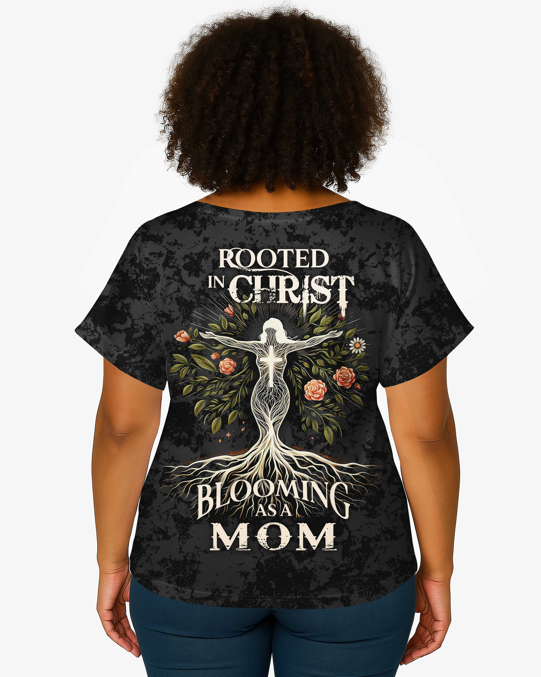 Rooted in Christ, Blooming as a Mom All Over Print V-Neck Dolman Sleeves Shirt