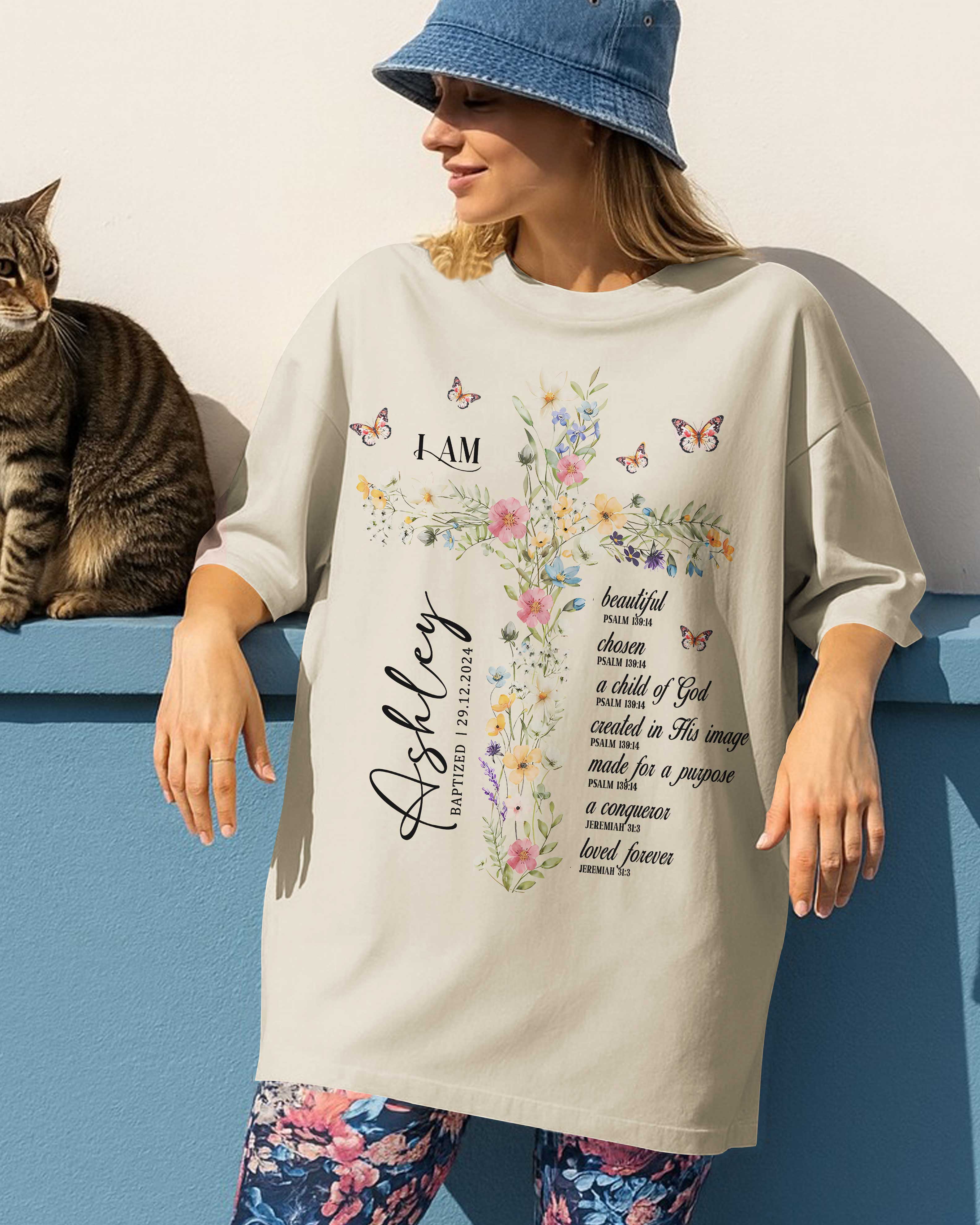 Personalized I Am T-Shirt, Baptism Gift for Women and Girl, Floral Christian Gift for Her