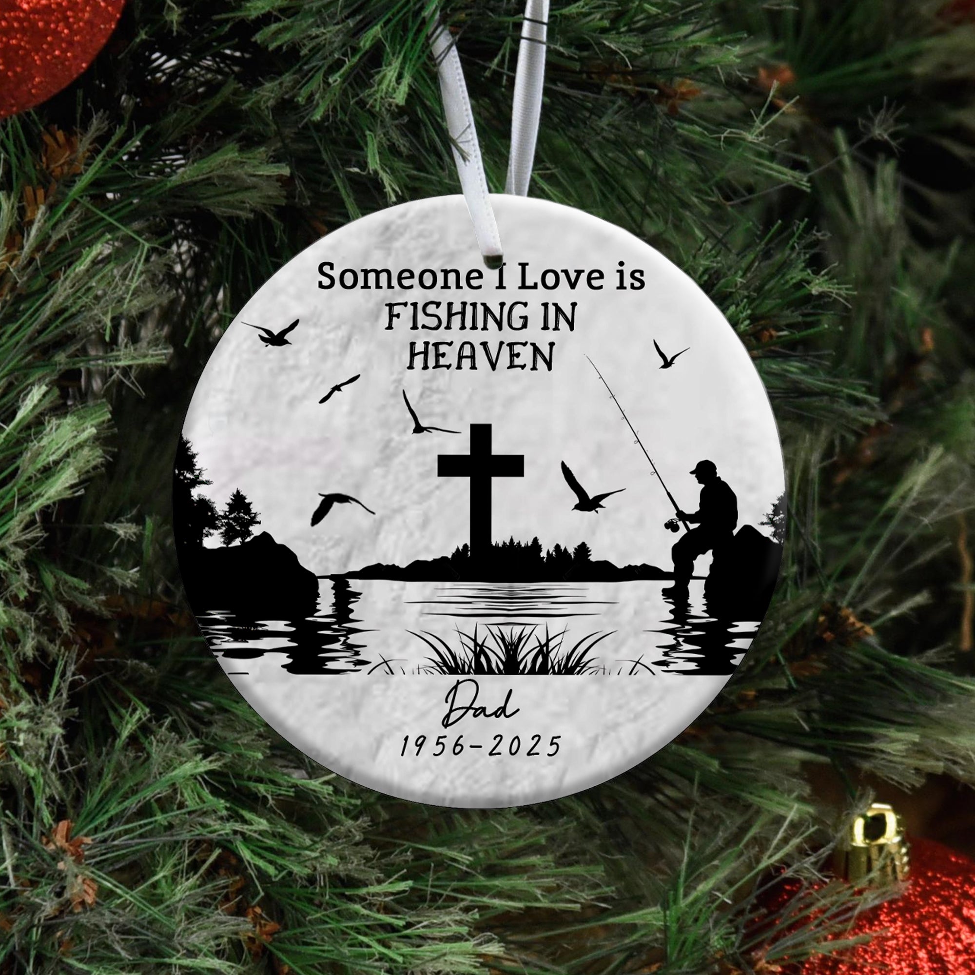 Someone I Love is Fishing in Heaven Personalized Ceramic Ornament, Custom Name, Custom Year