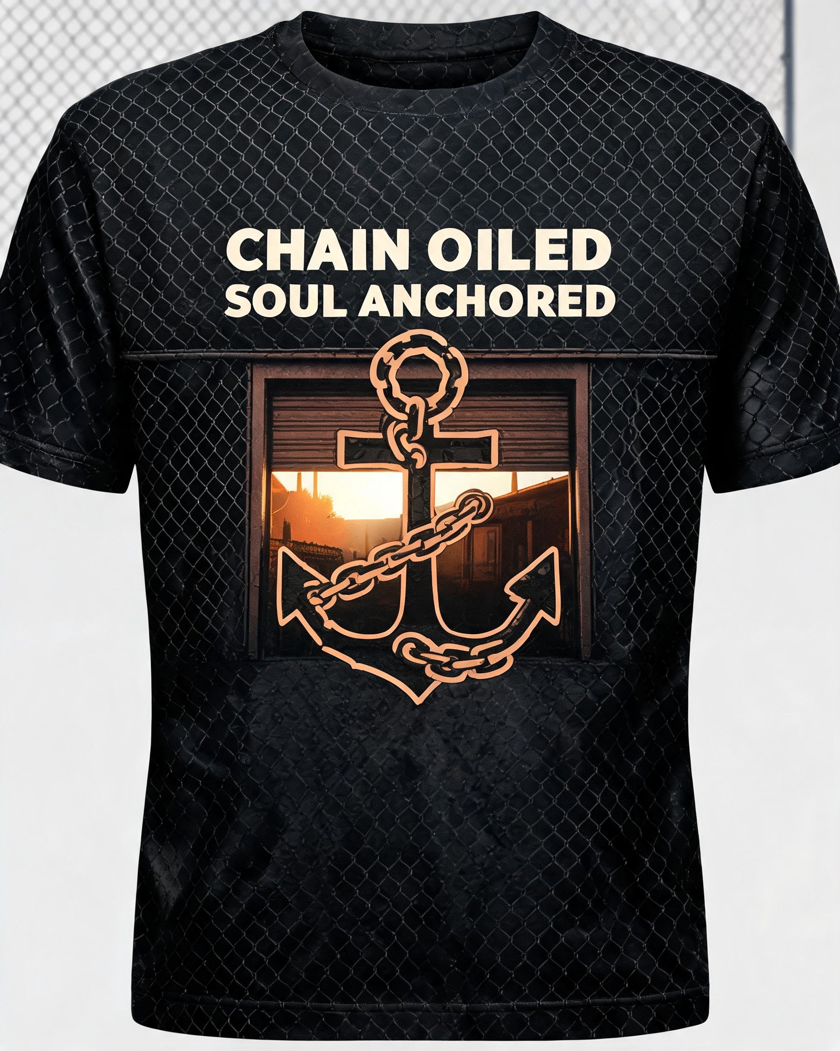 Christian Biker Shirts For Men Chain Oiled Soul Anchored AOP T-shirt