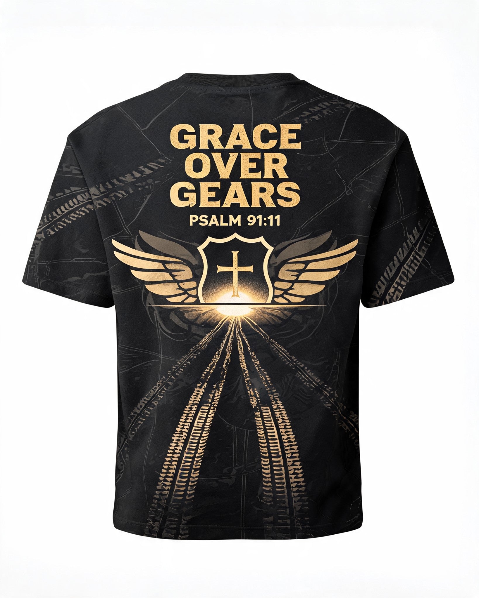 Christian Biker Shirts - Grace Over Gears / Psalm 91:11 Short Sleeve AOP T-shirt
