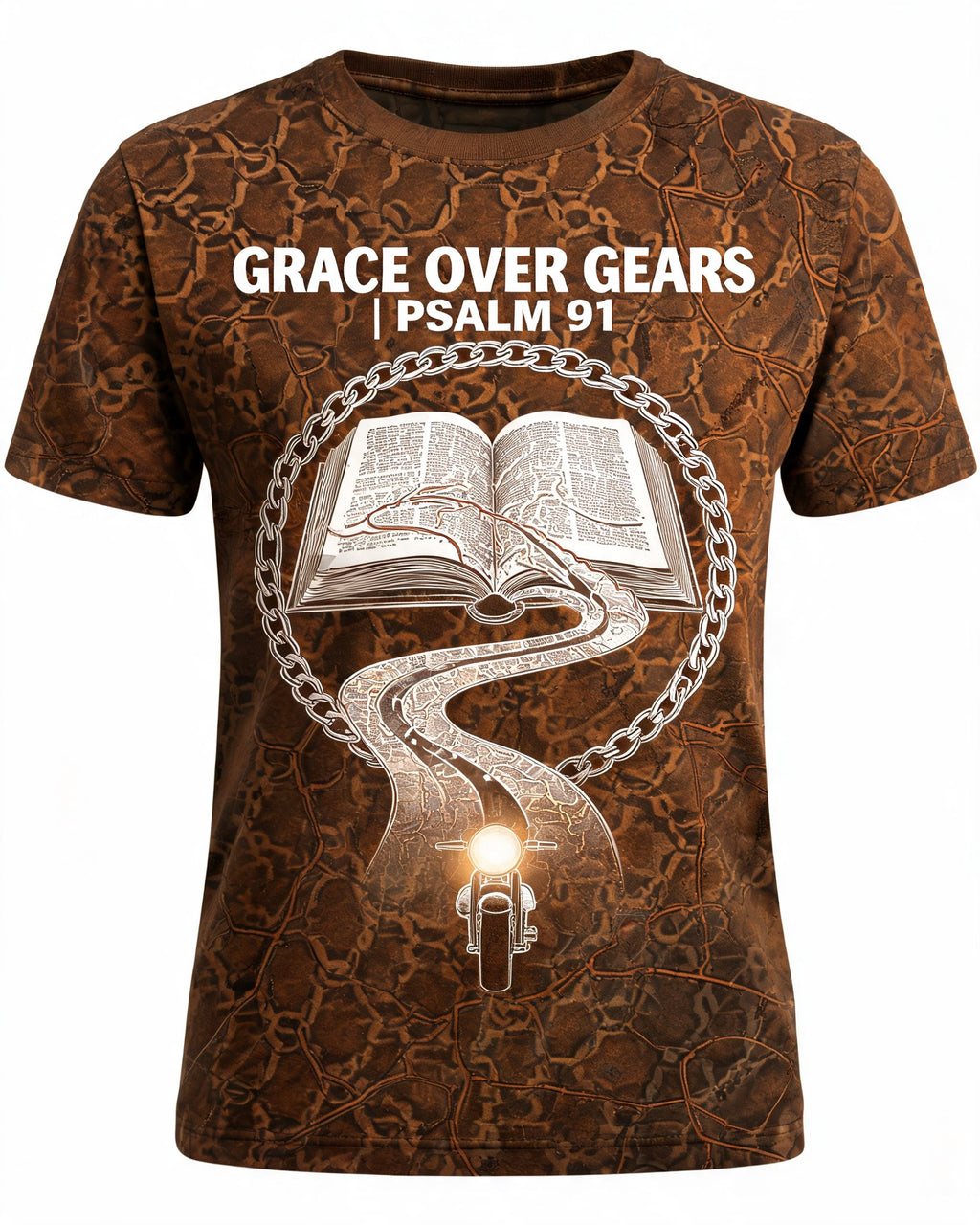 Christian Shirt Brown Grace Over Gears Biker Psalm 91 AOP Tee