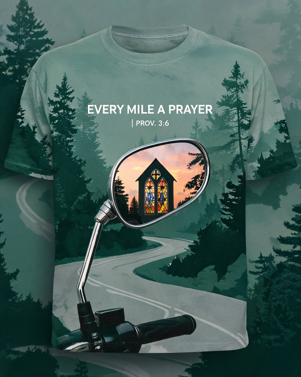 Christian Shirt Green Every Mile A Prayer Biker AOP Tee