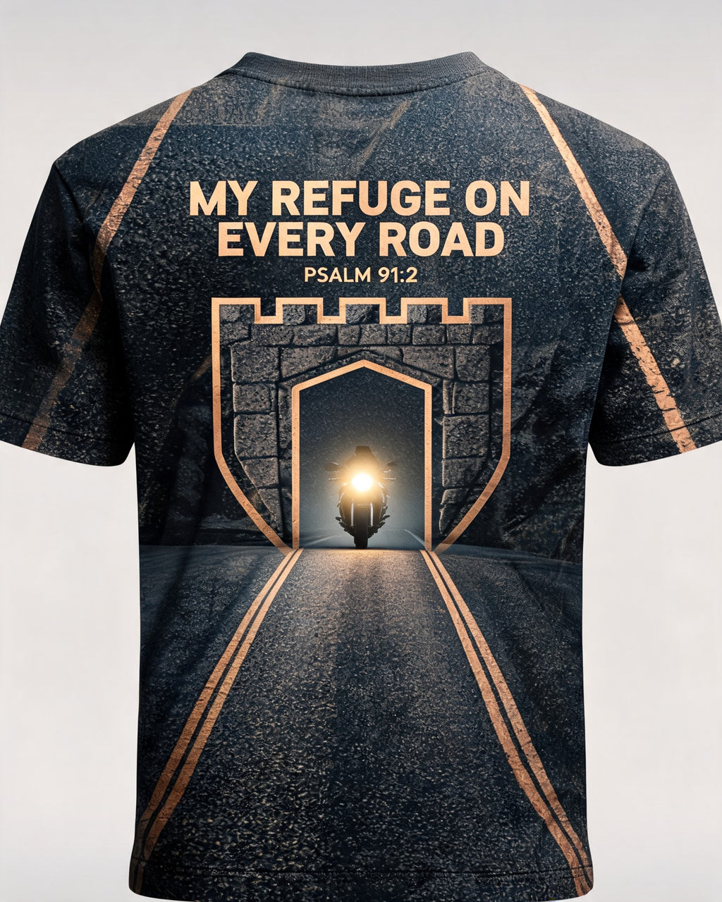 Mens Christian Shirts Big And Tall Refuge On Every Road Biker AOP Tee