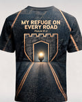 Mens Christian Shirts Big And Tall Refuge On Every Road Biker AOP Tee