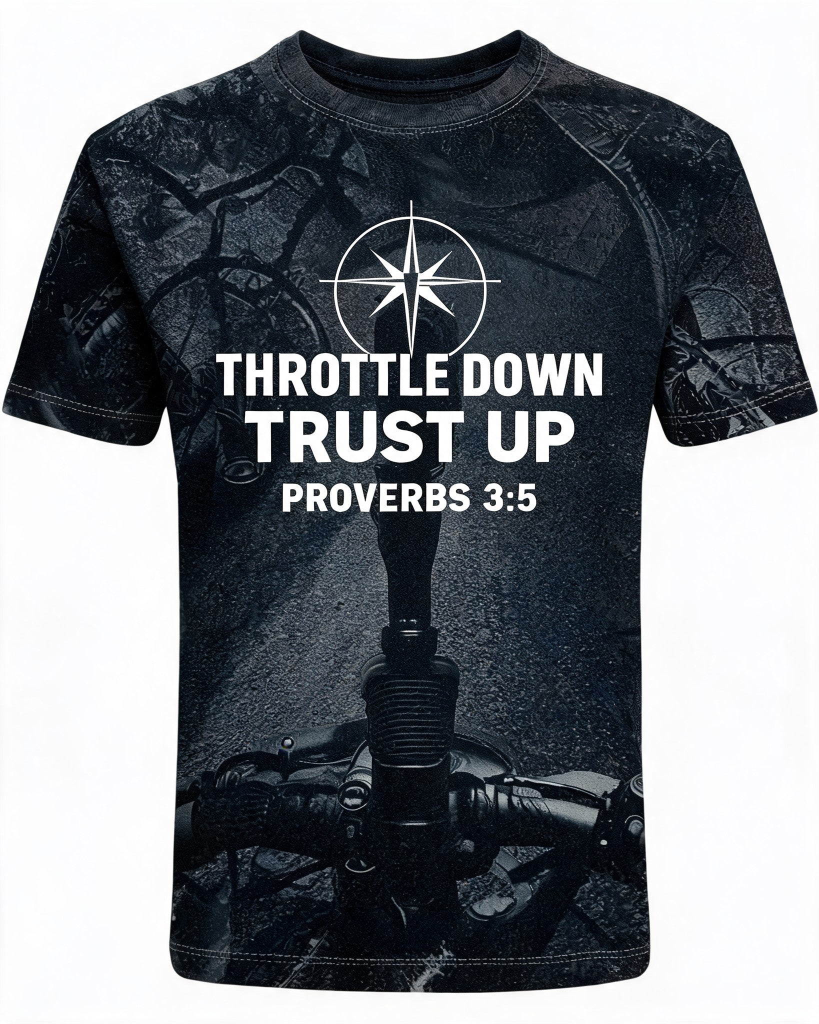 Mens Christian Shirts Funny Throttle Down Trust Up Biker AOP Tee