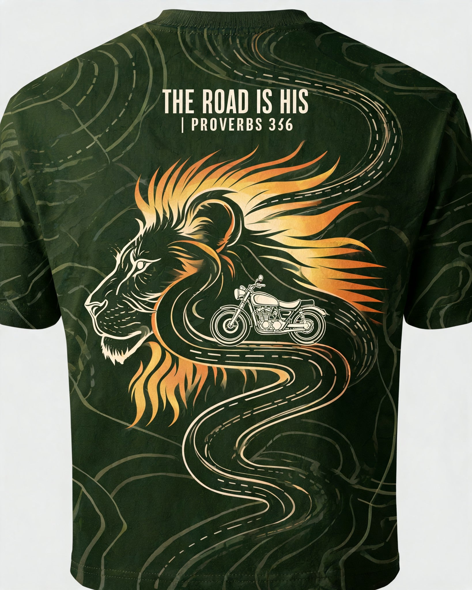 Christian Shirt Lion The Road Is His Biker Proverbs 3:6 AOP Tee