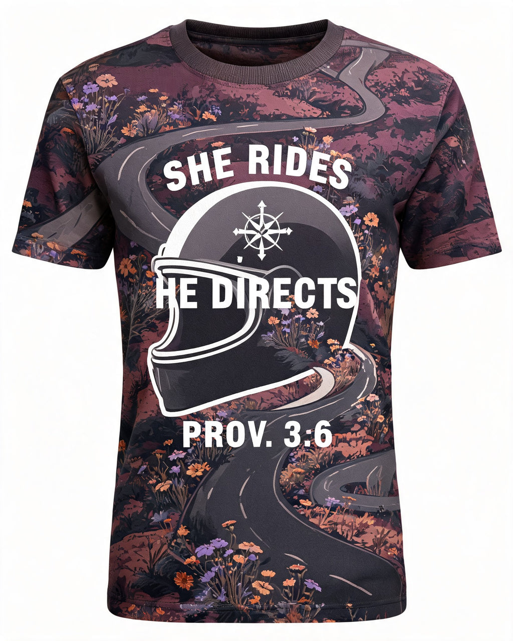 Christian Shirts For Women She Rides He Directs Biker AOP Tee