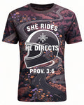 Christian Shirts For Women She Rides He Directs Biker AOP Tee