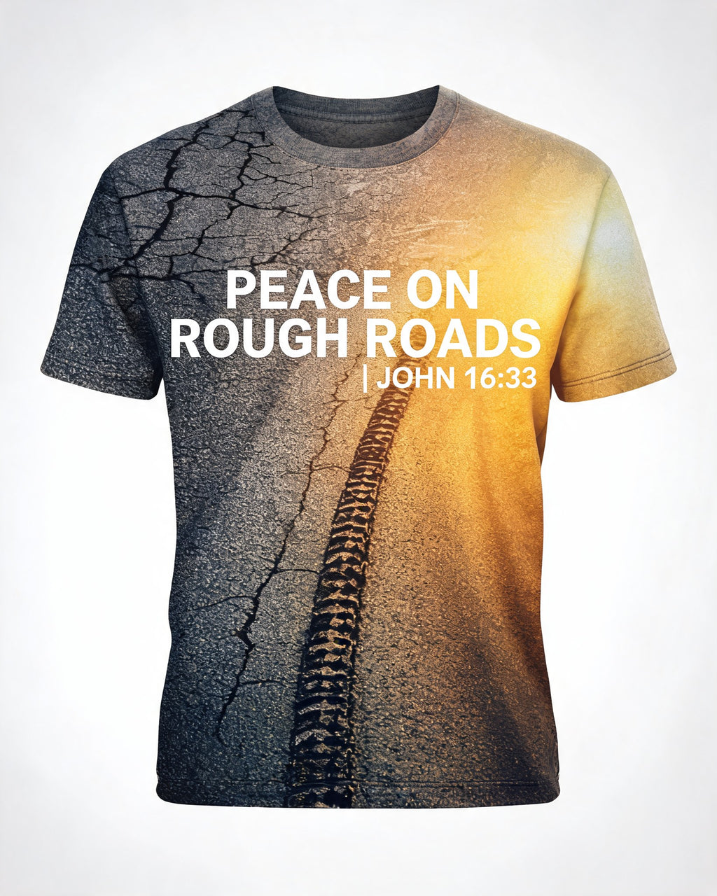 Christian Shirt Men John 16 33 Peace On Rough Roads Biker AOP Tee