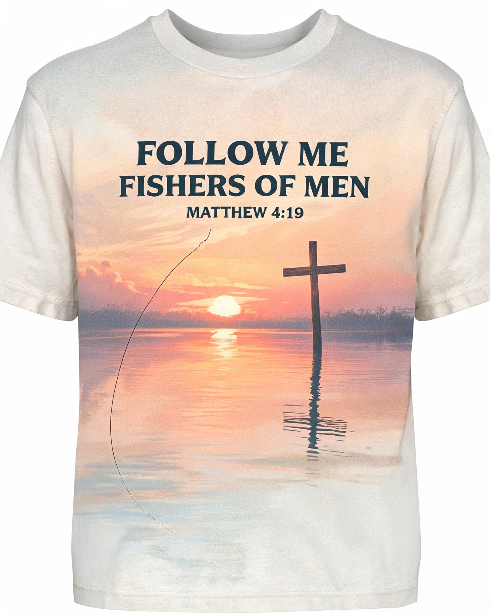 Christian Shirt Cross - Follow Me At Daybreak Faith Fishing Short Sleeve AOP T-shirt