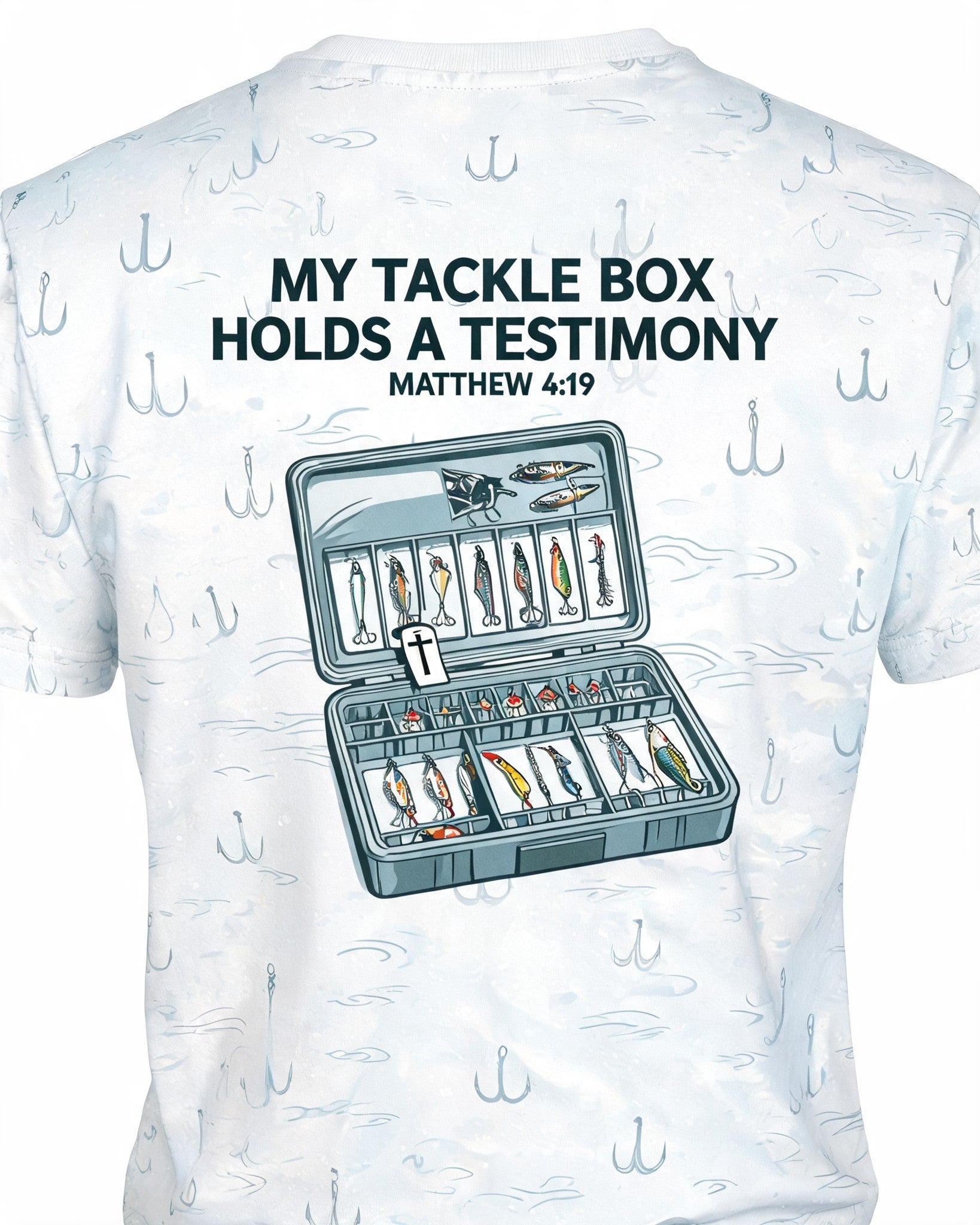 Christian Shirt Minimalist - Tackle Box Testimony Faith Fishing Short Sleeve AOP T-shirt