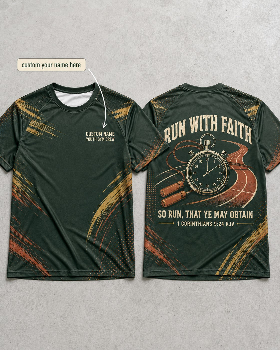 Christian Youth Group Shirt Personalized Church Gym Team AOP Tee Run With Faith KJV Gift