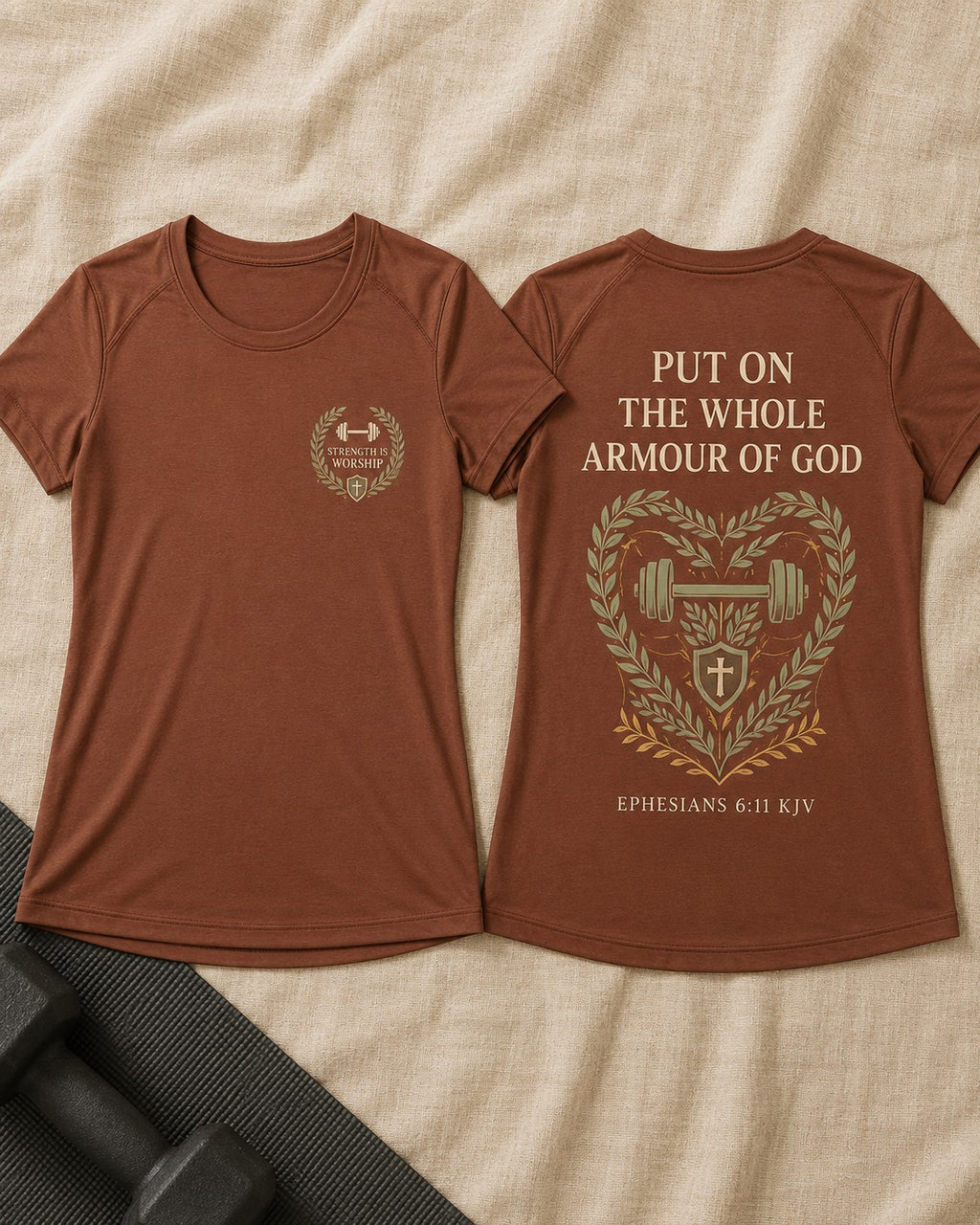 Jesus Shirts For Women Christian Gym AOP Shirt Strength Is Worship Ephesians 6:11 KJV