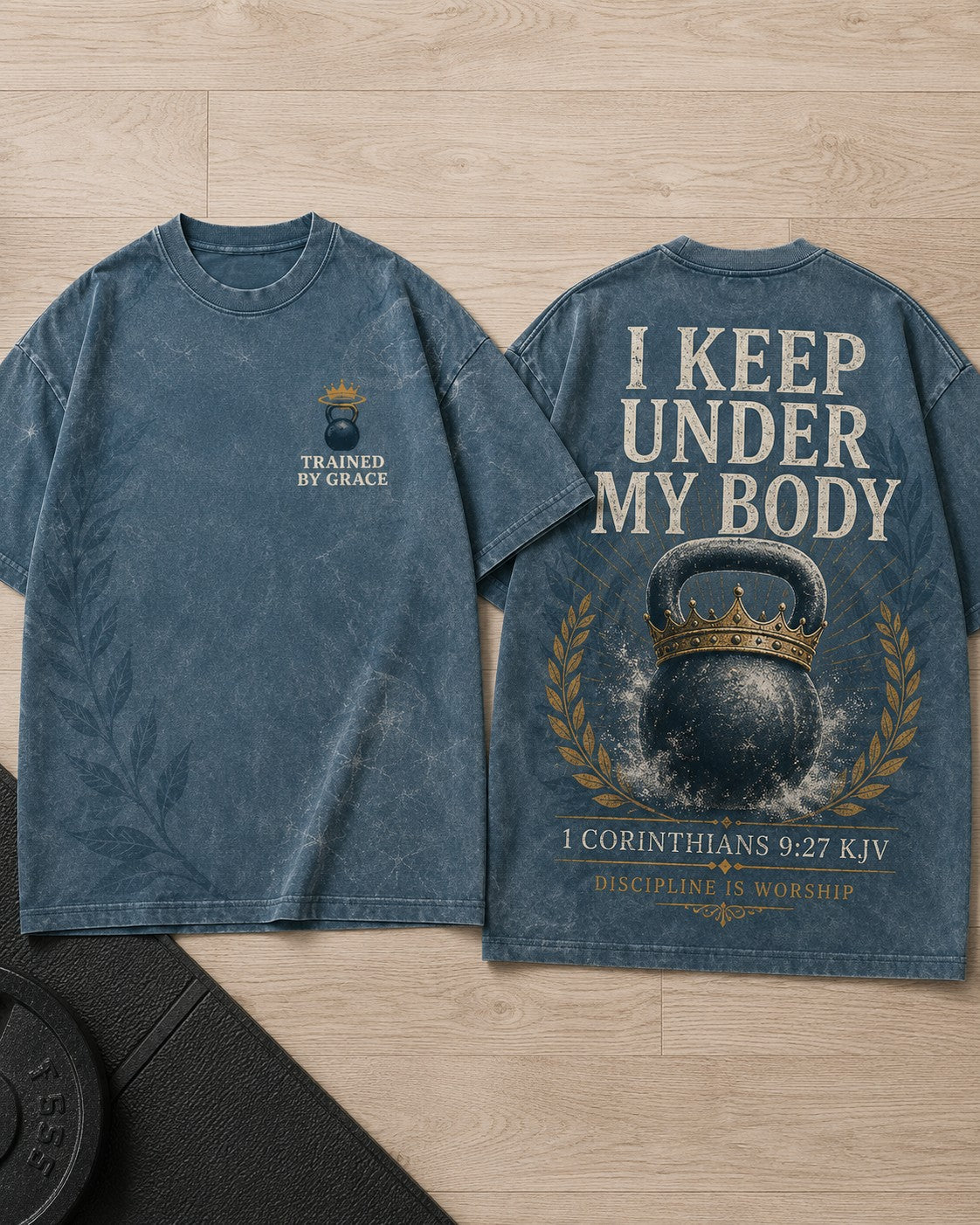 Vintage Washed Christian Gym Shirt AOP Tee Trained By Grace 1 Corinthians 9:27 KJV