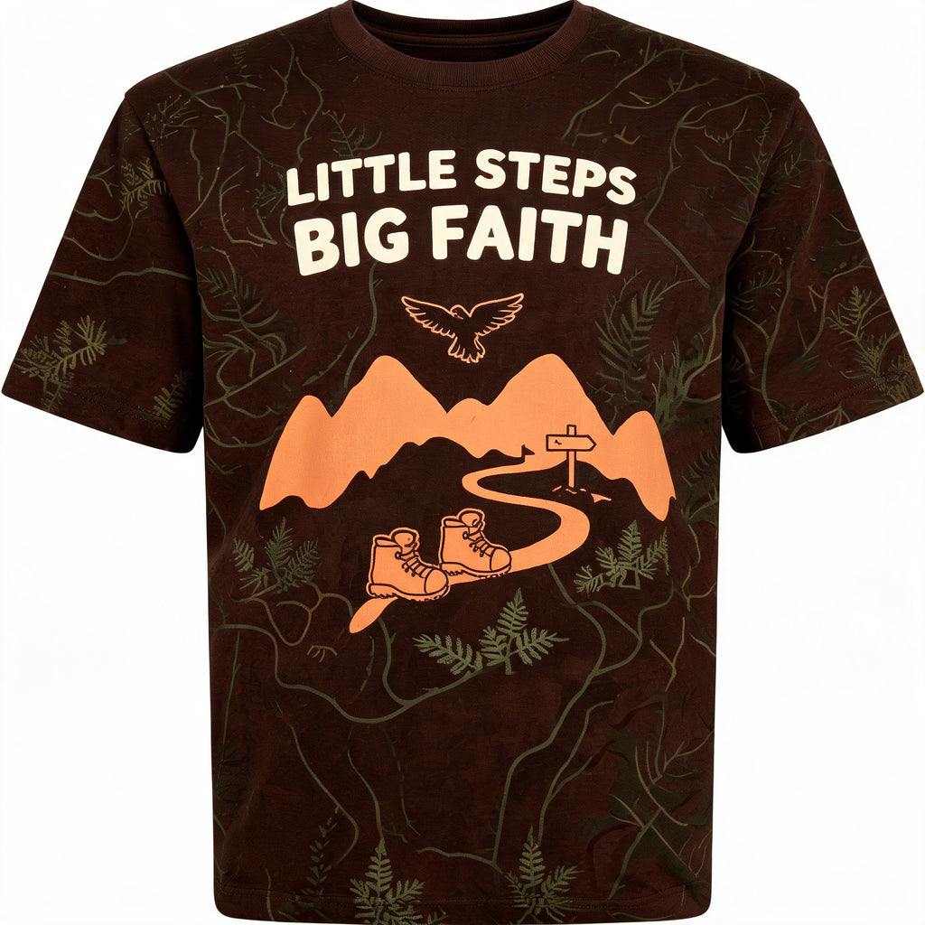 Christian Hiking Shirt For Kids Little Steps Big Faith AOP T-shirt
