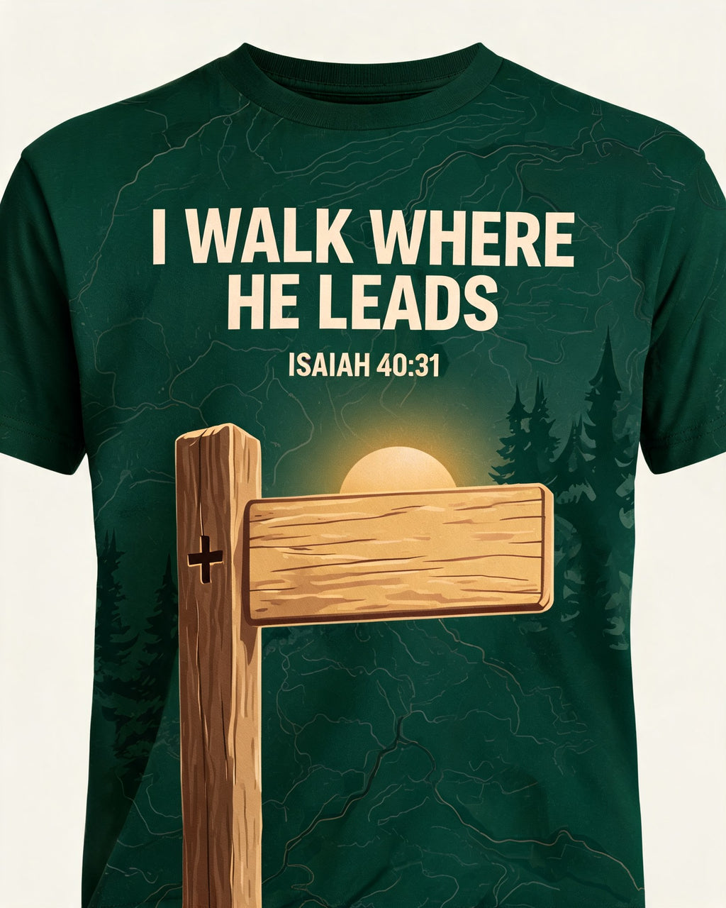 Christian Shirt Cross I Walk Where He Leads Hiking AOP Tee