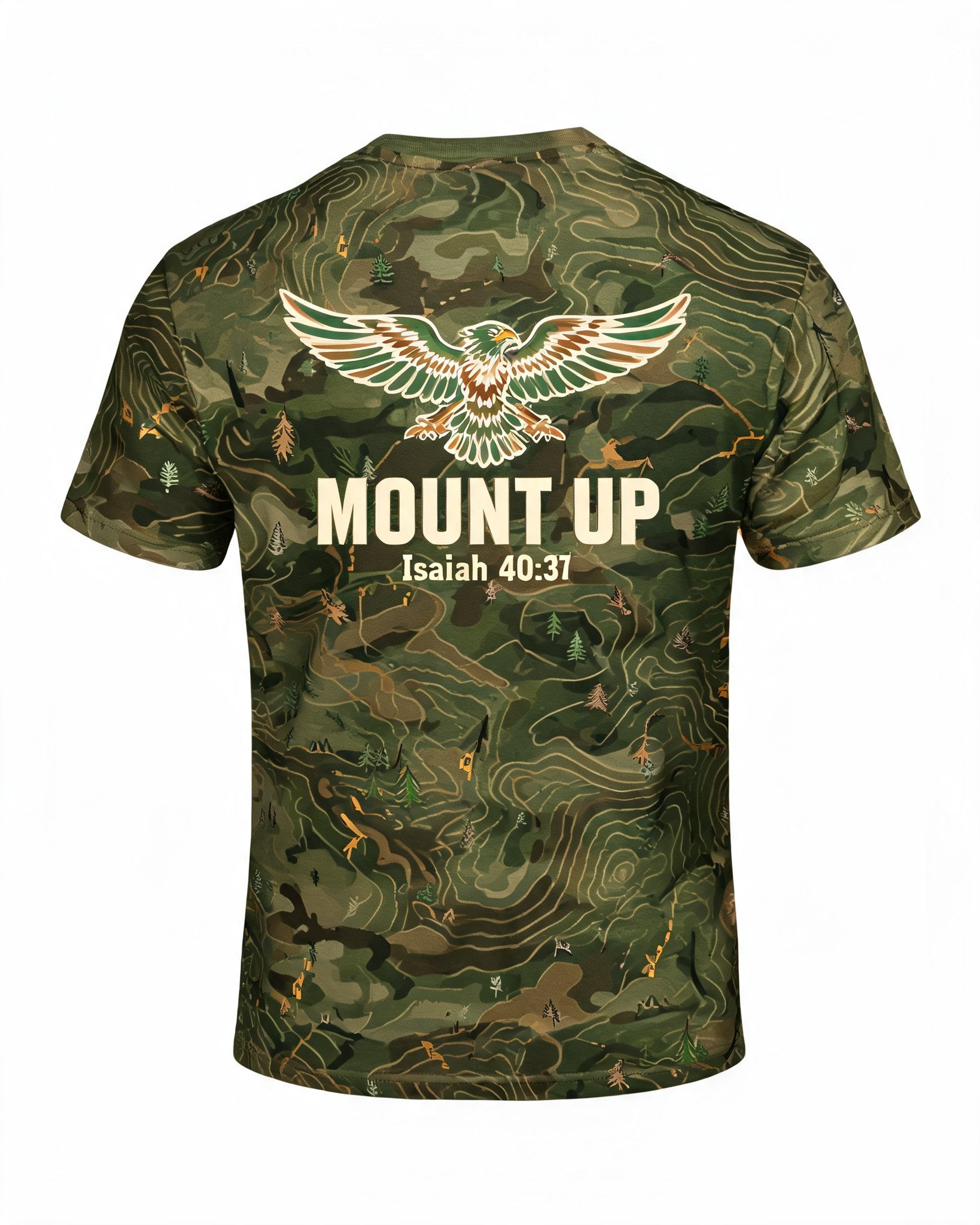 Christian Shirt Camo - Mount Up Trail Camo Isaiah 40:31 Short-sleeve AOP T-shirt