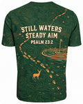 Christian Hunting Shirt Still Waters Steady Aim Psalm 23 AOP T-shirt