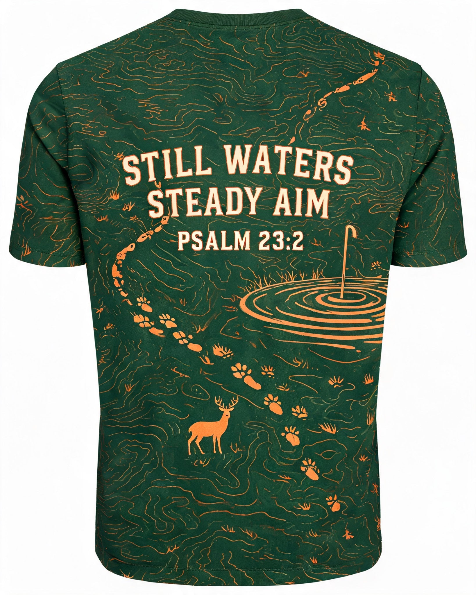 Christian Hunting Shirt Still Waters Steady Aim Psalm 23 AOP T-shirt