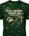 Christian Hunting Shirts For Men Still Waters Steady Aim AOP Tee