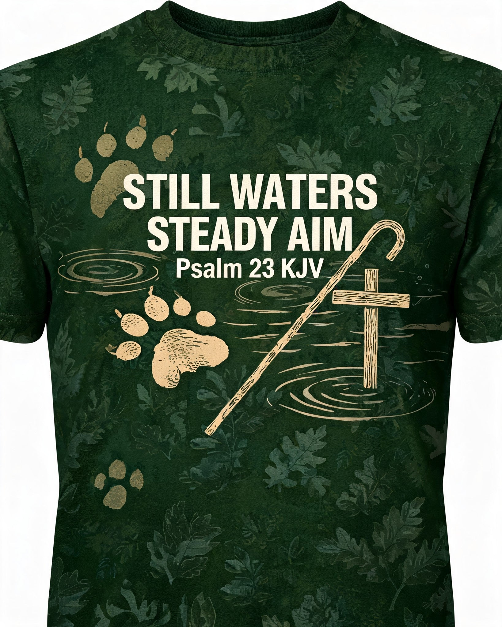 Christian Hunting Shirts For Men Still Waters Steady Aim AOP Tee