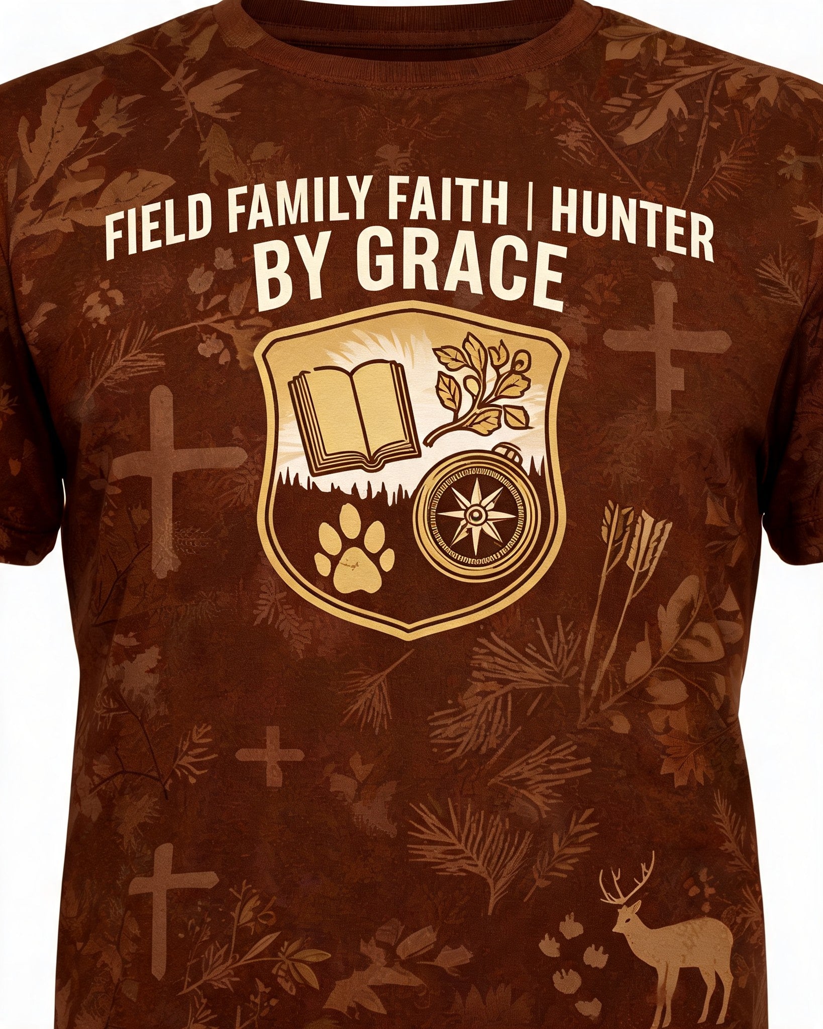 Christian Shirt Brown Field Family Faith Hunting AOP Tee
