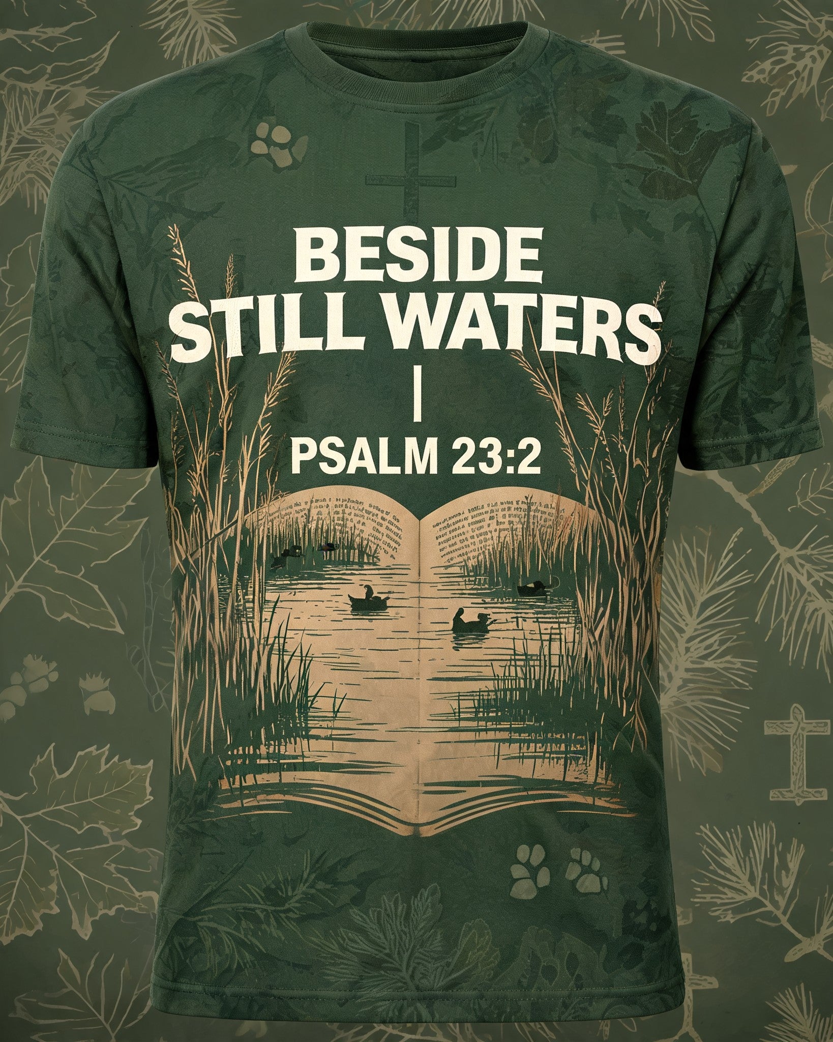 Christian Hunting Shirt Still Waters Marsh Psalm 23 AOP Tee
