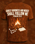 Christian Hunting Shirts For Men Goodness Mercy Campfire AOP Tee