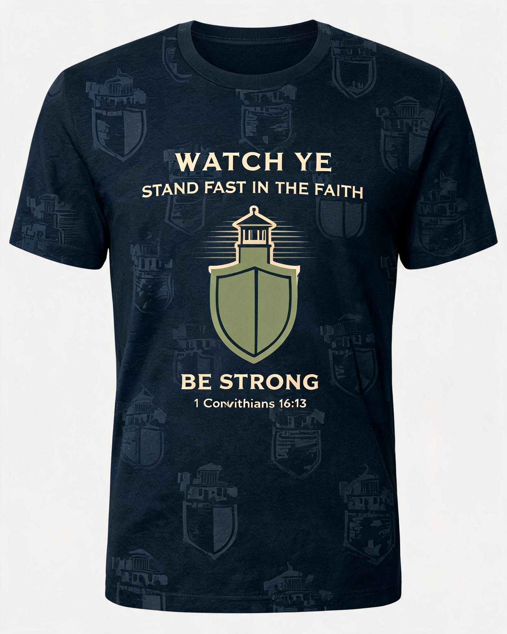 Men’s Christian KJV Stand Fast Shirt Be Strong AOP Tee
