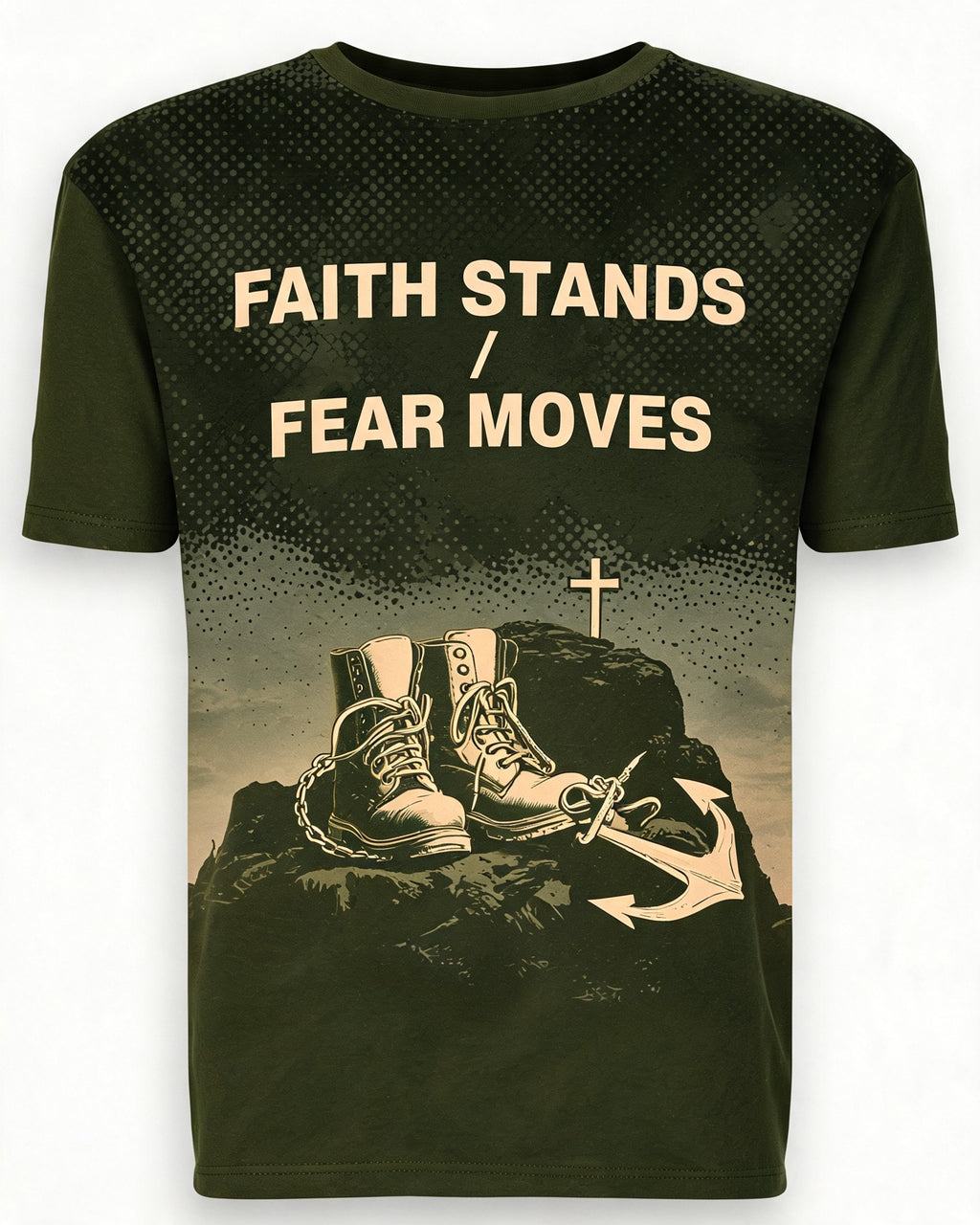 Faith Over Fear Men’s Christian AOP T-shirt Faith Stands Fear Moves